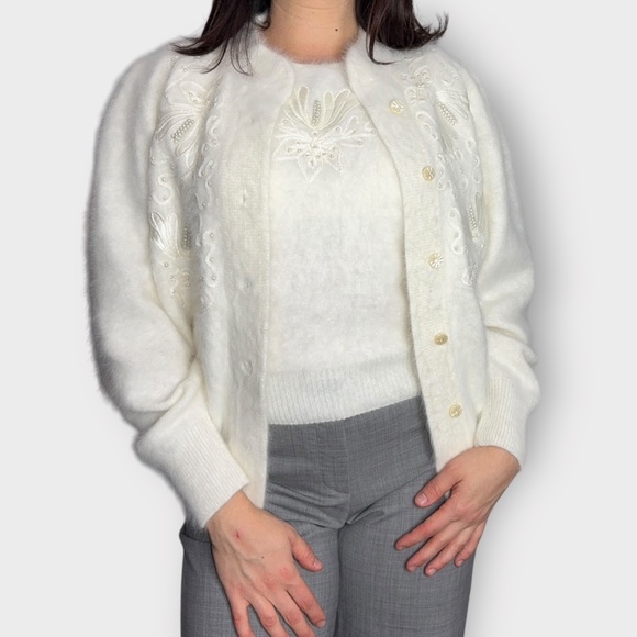 Vintage 1980s Angora Beaded Long Sleeve Cardigan & Short Sleeve Sweater Set - Picture 1 of 10
